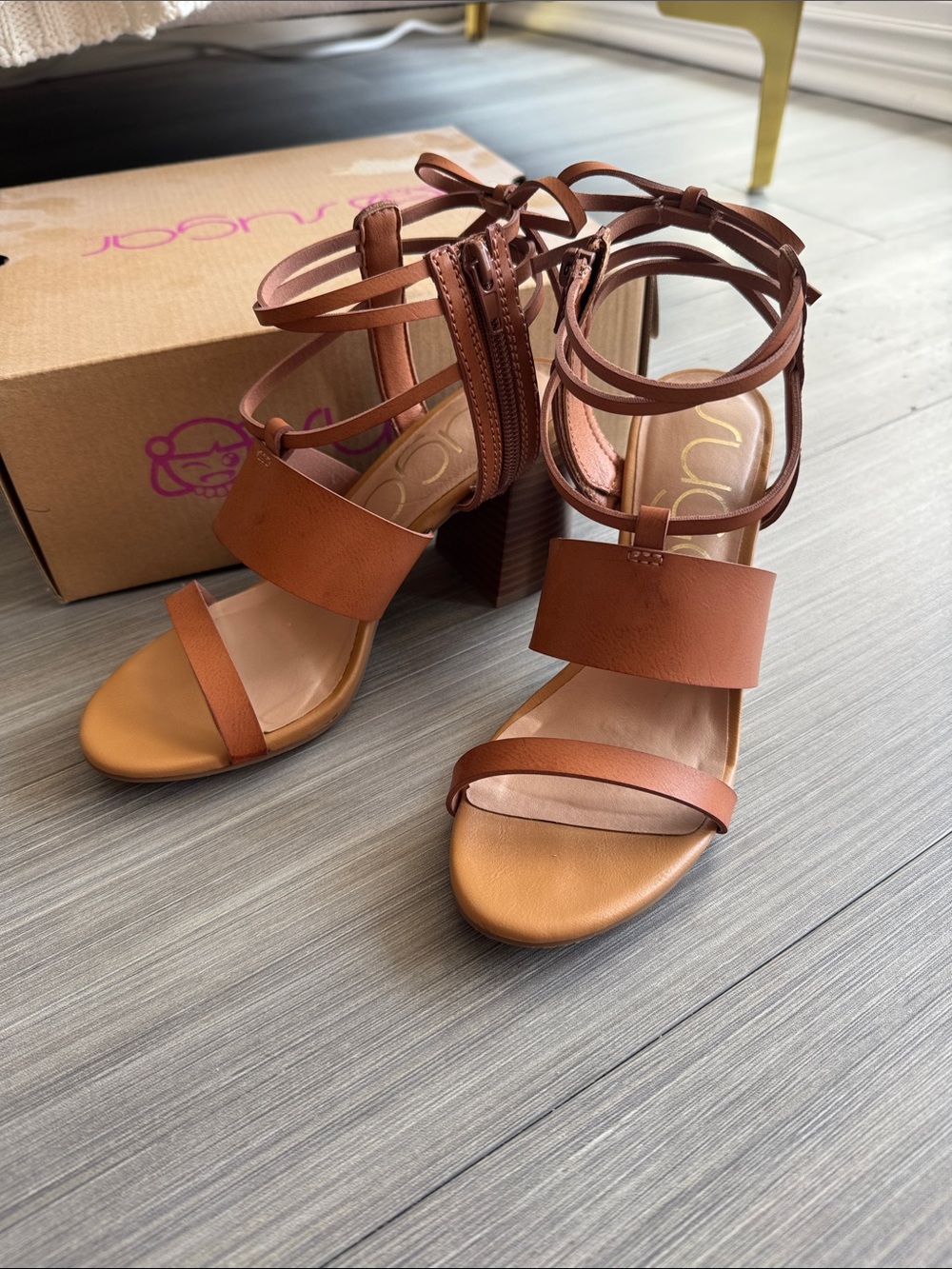 Sugar Blankia Strappy 3” Block Heel Sandal in Cognac with Bows